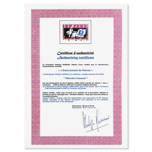 Henri Matisse 1869-1954 (After), "L'Enterrement de Pierrot (Pierrot's Funeral)" Framed Limited Edition Lithograph with Certificate of Authenticity.