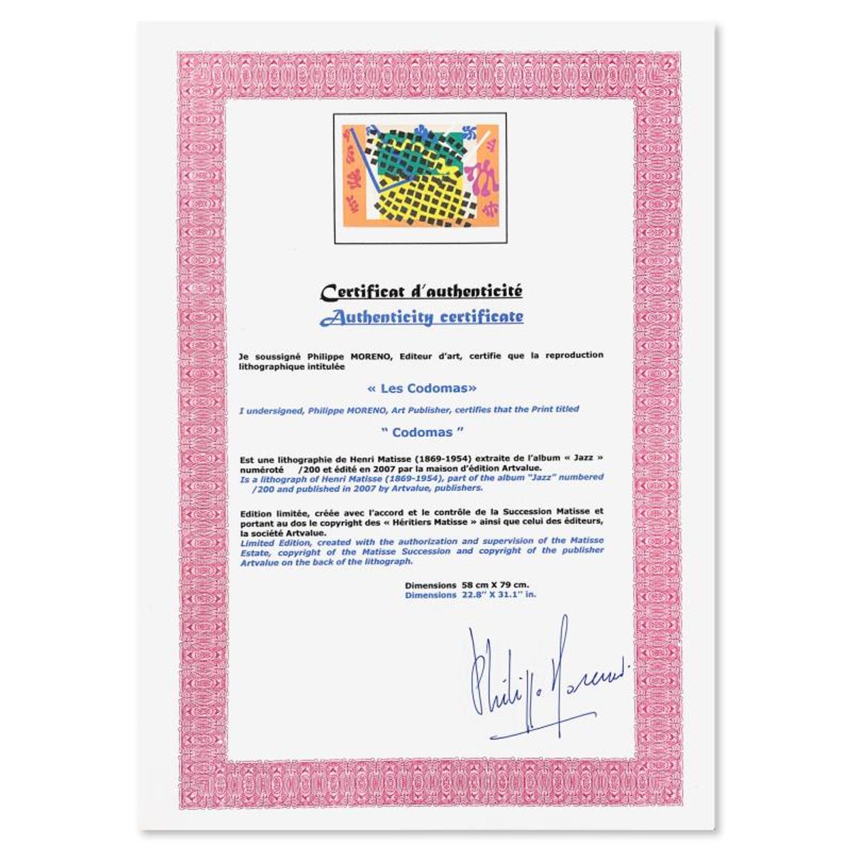 Henri Matisse 1869-1954 (After), "Les Codomas" Framed Limited Edition Lithograph with Certificate of Authenticity.