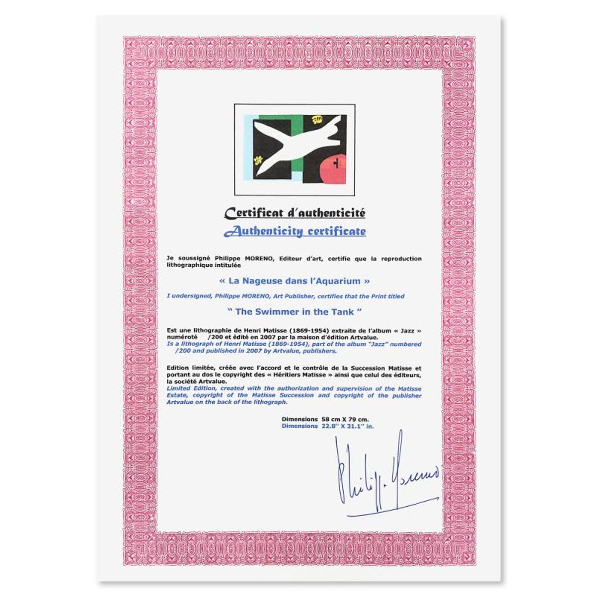 Henri Matisse 1869-1954 (After), "La Nageuse dans l'Aquarium (The Swimmer in the Tank)" Framed Limited Edition Lithograph with Certificate of Authenticity.