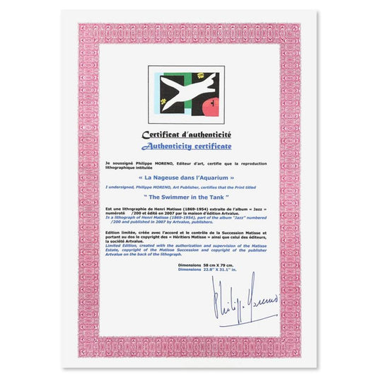 Henri Matisse 1869-1954 (After), "La Nageuse dans l'Aquarium (The Swimmer in the Tank)" Framed Limited Edition Lithograph with Certificate of Authenticity.