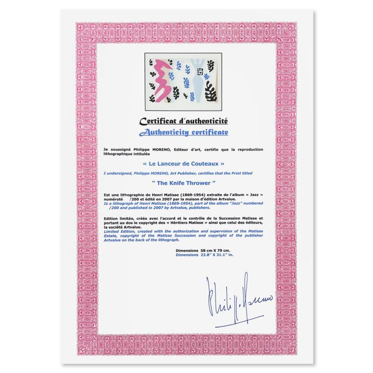 Henri Matisse 1869-1954 (After), "Le Lanceur de Couteaux (The Knife Thrower)" Framed Limited Edition Lithograph with Certificate of Authenticity.