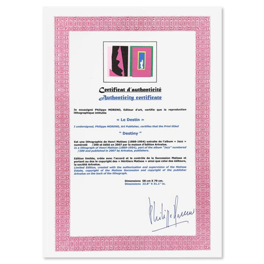 Henri Matisse 1869-1954 (After), "Le Destin (Destiny)" Framed Limited Edition Lithograph with Certificate of Authenticity.