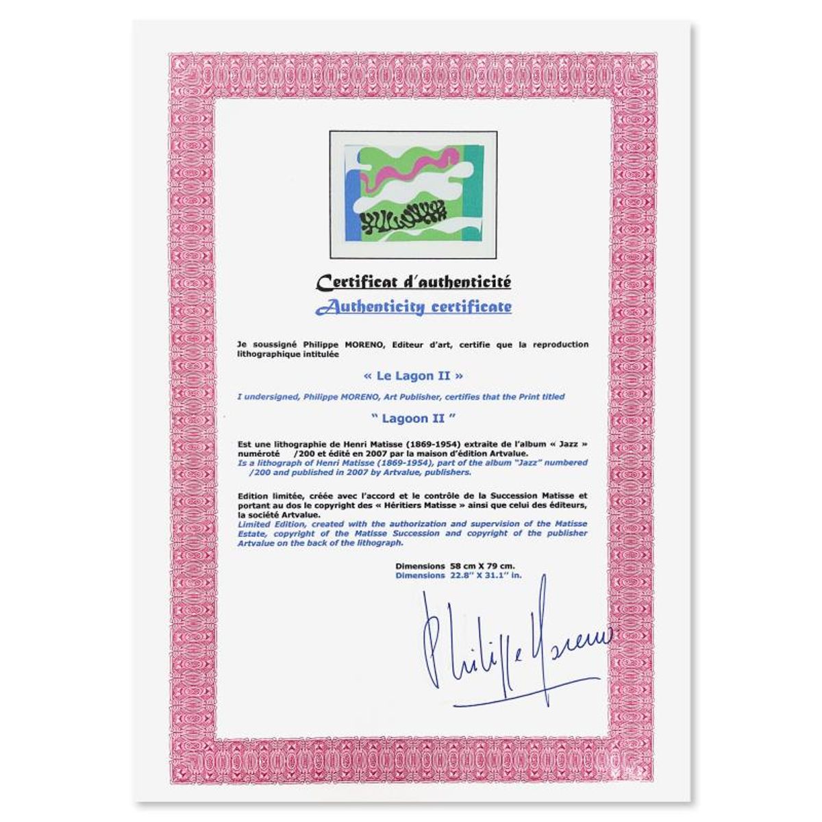 Henri Matisse 1869-1954 (After), "Le Lagon II (Lagoon II)" Framed Limited Edition Lithograph with Certificate of Authenticity.