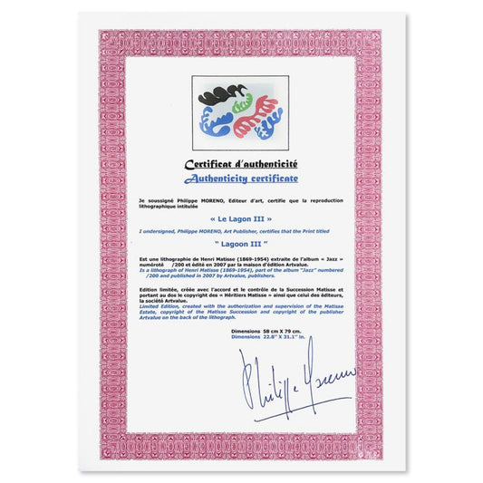 Henri Matisse 1869-1954 (After), "Le Lagon III (Lagoon III)" Framed Limited Edition Lithograph with Certificate of Authenticity.