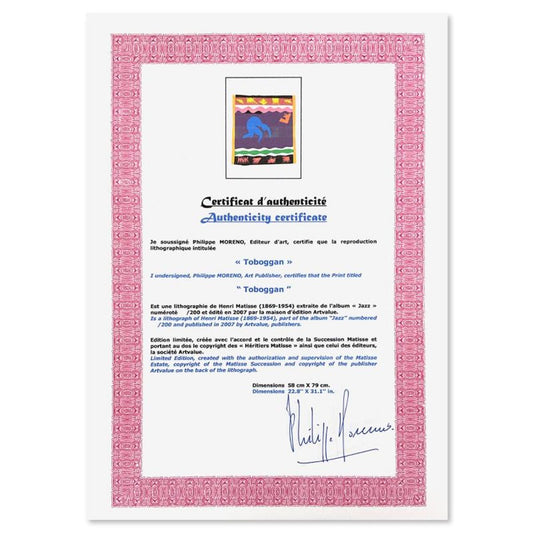 Henri Matisse 1869-1954 (After), "Toboggan" Framed Limited Edition Lithograph with Certificate of Authenticity.