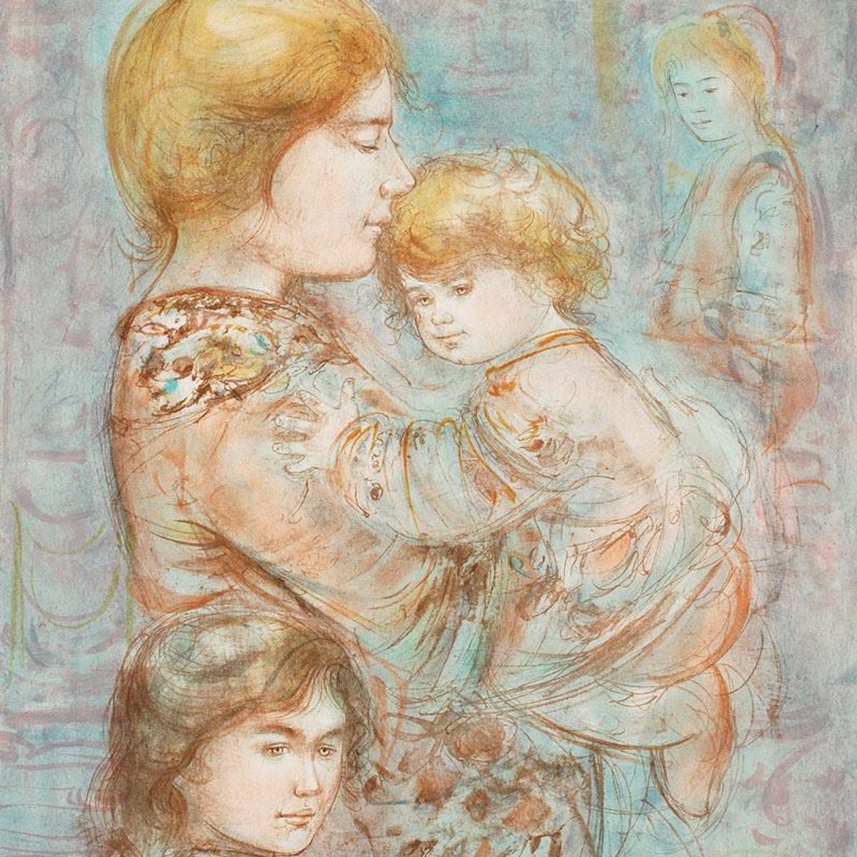 Woman with Children Limited Edition Lithograph (29.5" x 42") by Edna Hibel (1917-2014), Numbered and Hand Signed with Certificate of Authenticity.