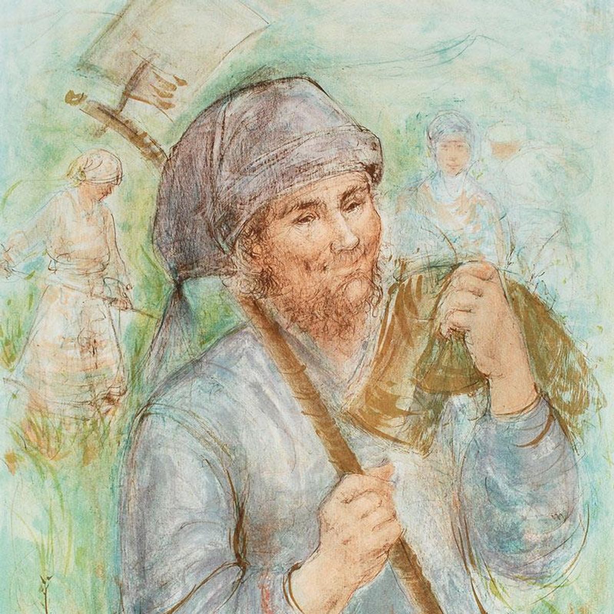 Man with Hoe Limited Edition Lithograph by Edna Hibel (1917-2014), Numbered and Hand Signed with Certificate of Authenticity.