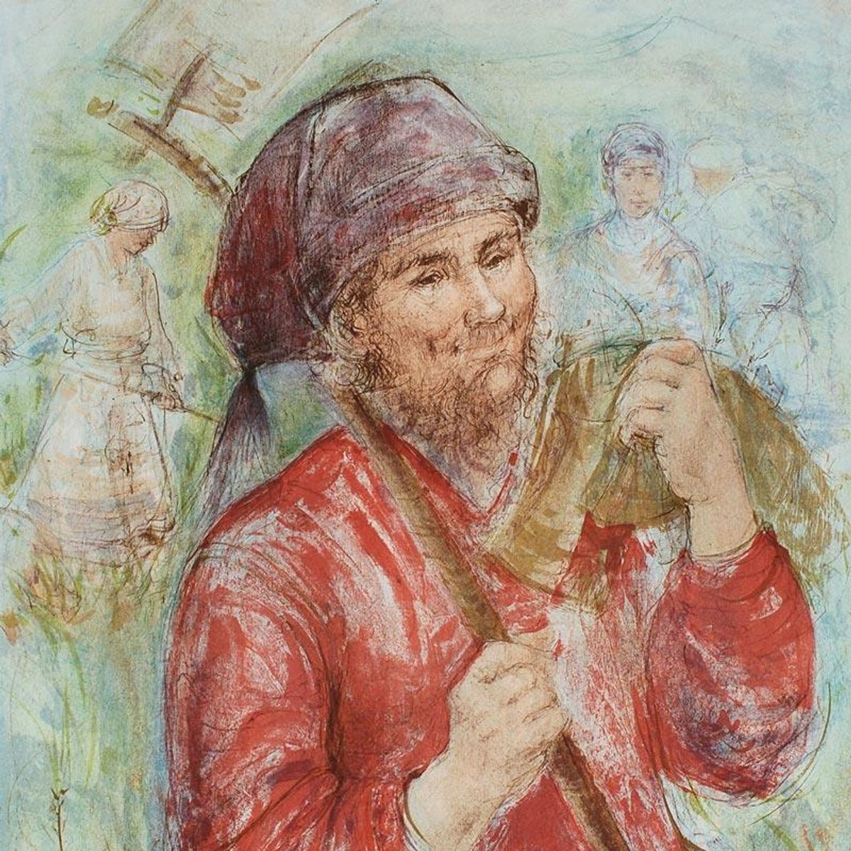 Man with Hoe Limited Edition Lithograph by Edna Hibel (1917-2014), Numbered and Hand Signed with Certificate of Authenticity.