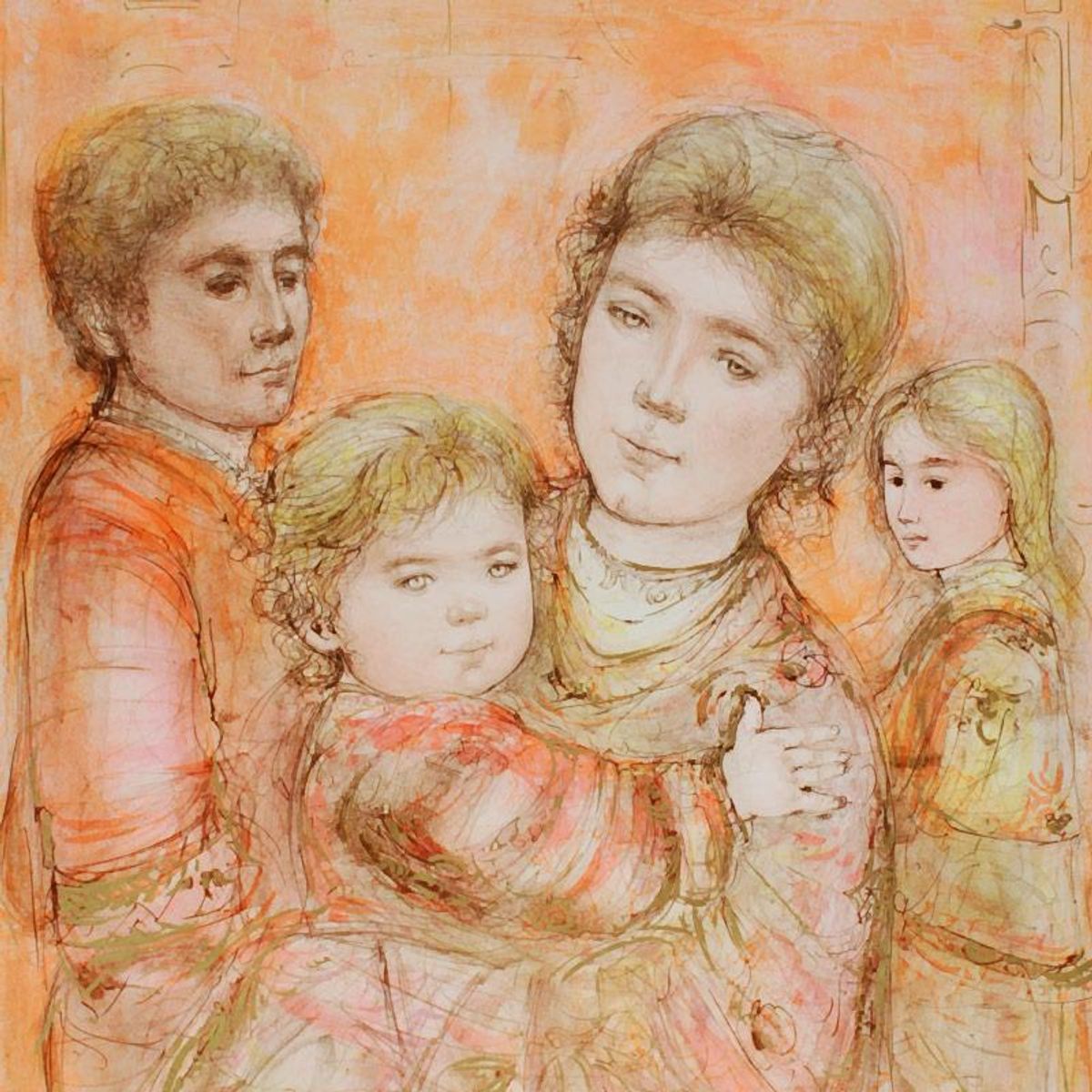 Portrait of a Family Limited Edition Lithograph by Edna Hibel (1917-2014), Numbered and Hand Signed with Certificate of Authenticity.