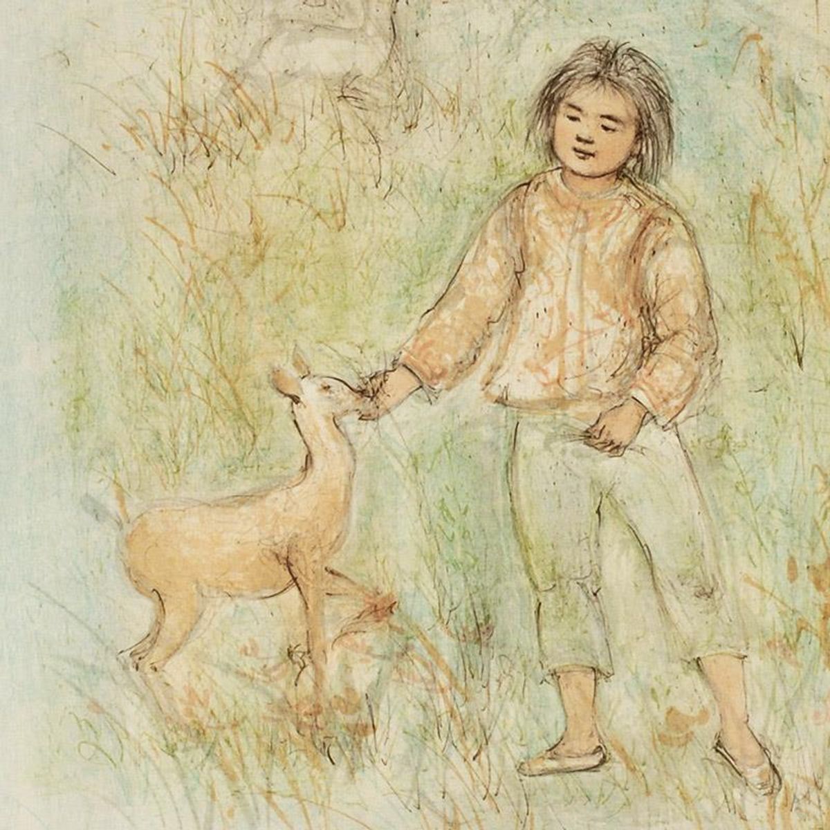 The Forest Friend Limited Edition Lithograph by Edna Hibel (1917-2014), Numbered and Hand Signed with Certificate of Authenticity.