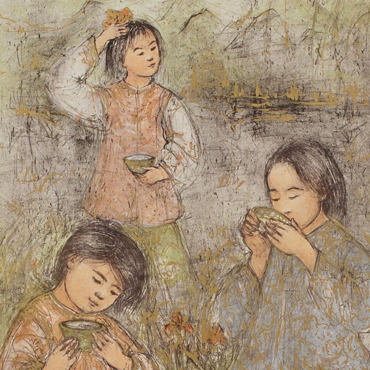 Morning at Brook Side Limited Edition Lithograph by Edna Hibel (1917-2014), Numbered and Hand Signed with Certificate of Authenticity.