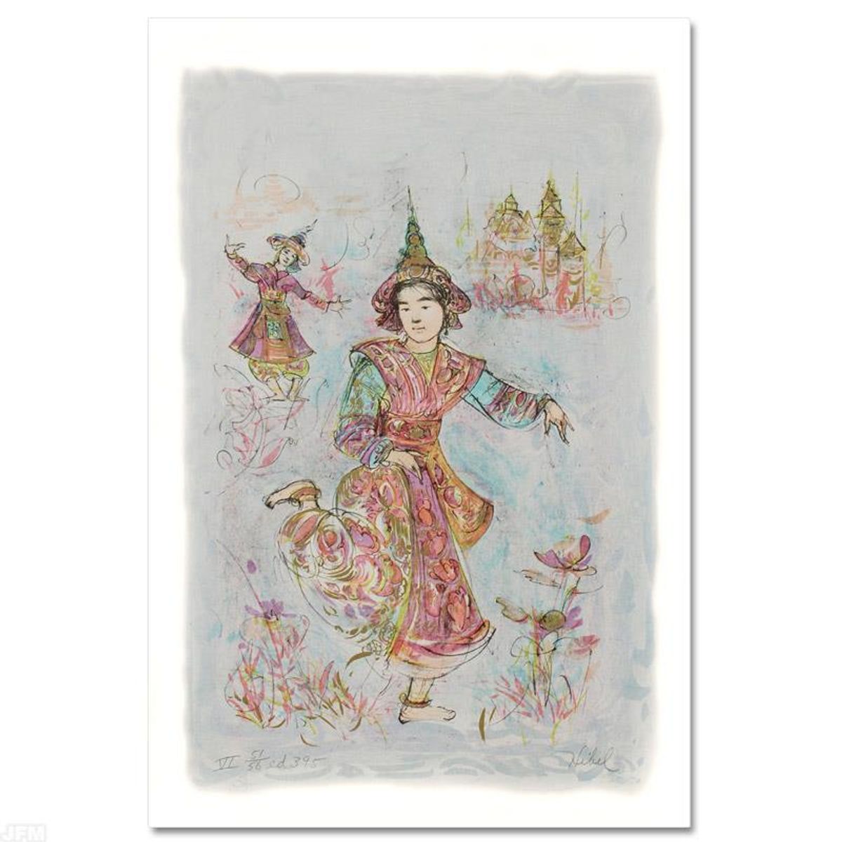 Thai Dancers Limited Edition Lithograph by Edna Hibel (1917-2014), Numbered and Hand Signed with Certificate of Authenticity.