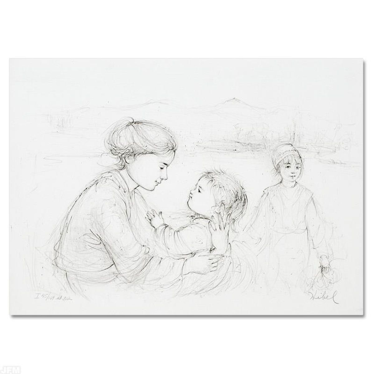 Playful Mother and Baby Limited Edition Lithograph by Edna Hibel (1917-2014), Numbered and Hand Signed with Certificate of Authenticity.