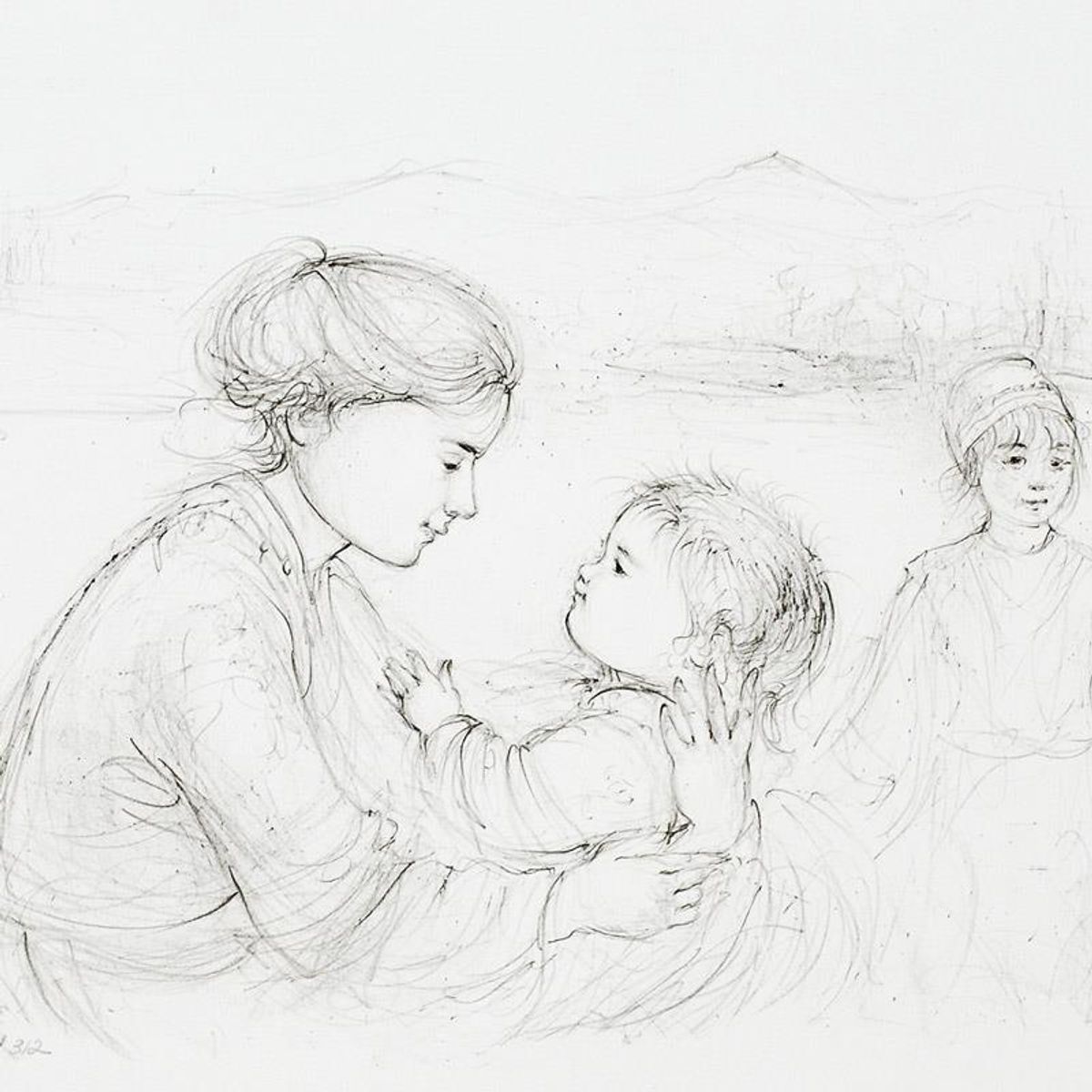 Playful Mother and Baby Limited Edition Lithograph by Edna Hibel (1917-2014), Numbered and Hand Signed with Certificate of Authenticity.