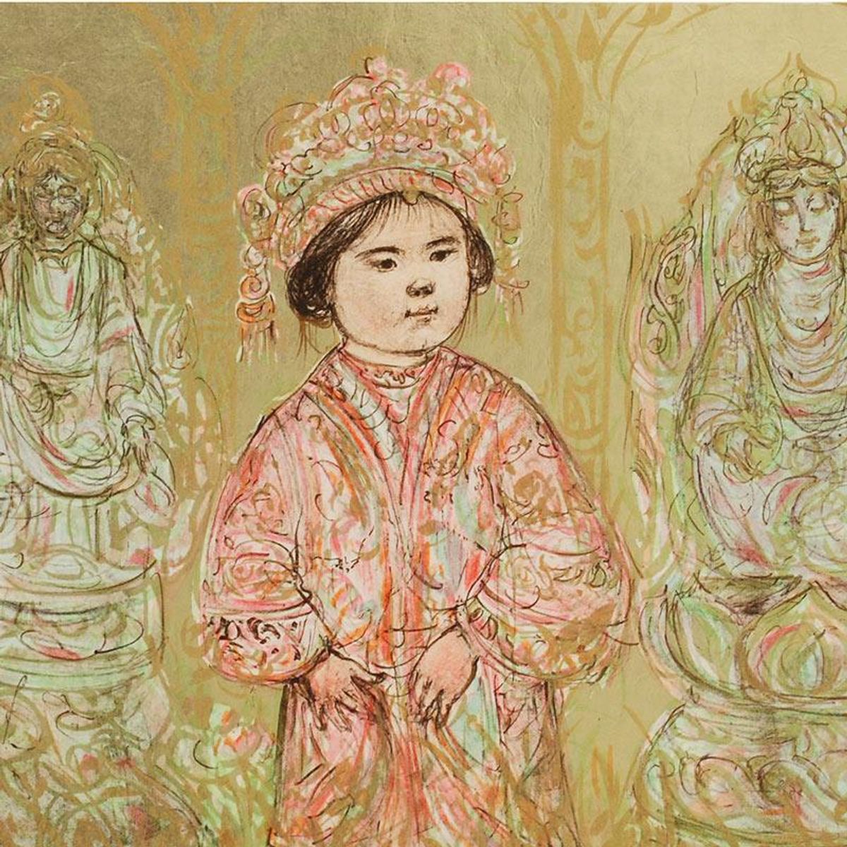 Willie and Two Quan Yins Limited Edition Lithograph by Edna Hibel, Numbered and Hand Signed with Certificate of Authenticity.