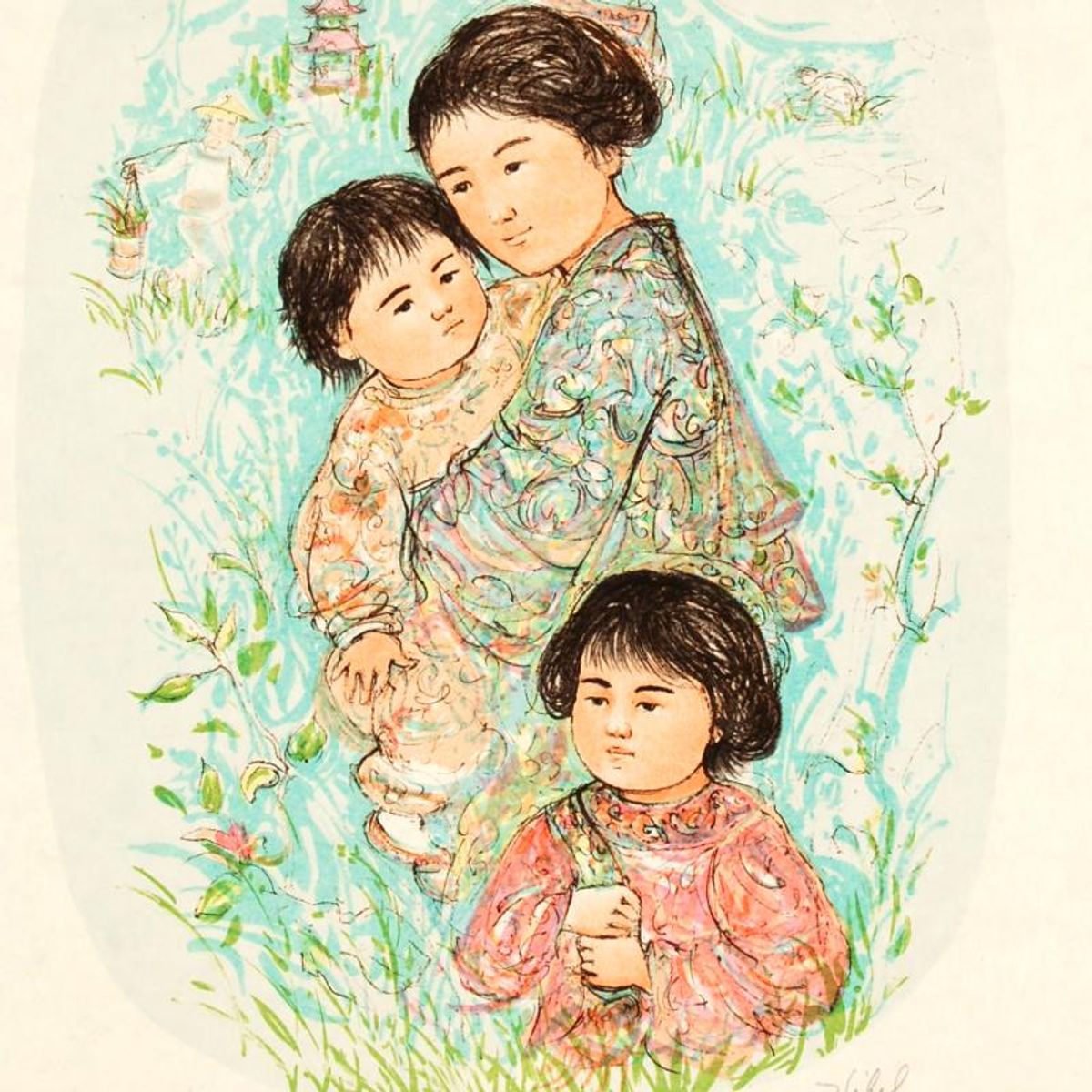 Leaving the Garden Limited Edition Lithograph by Edna Hibel (1917-2014), Numbered and Hand Signed with Certificate of Authenticity.