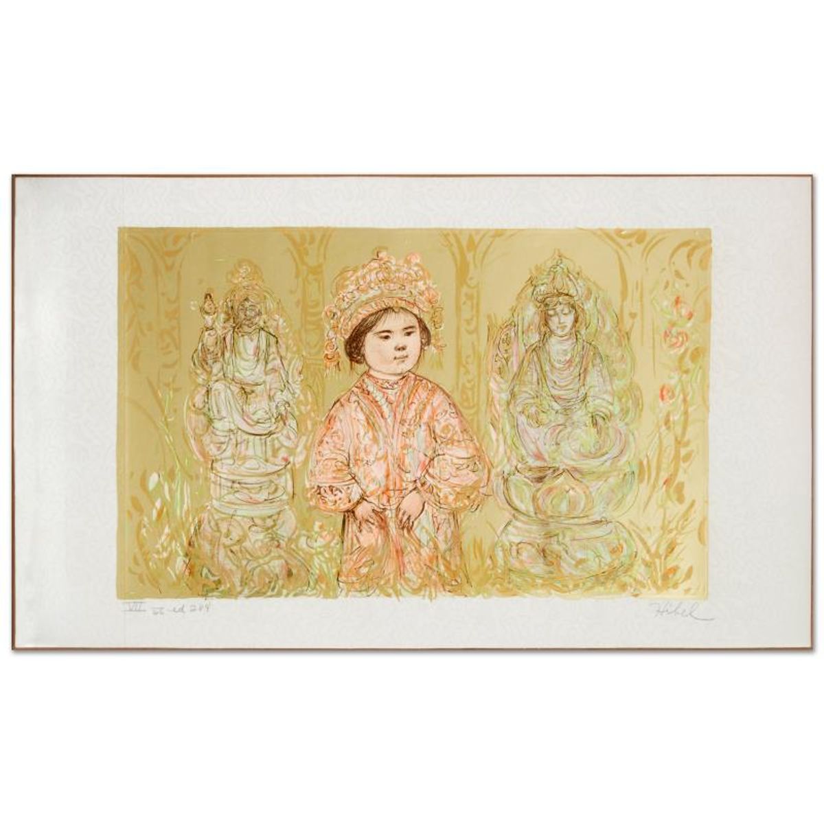 Willie and Two Quan Yins Limited Edition Lithograph by Edna Hibel (1917-2014), Numbered and Hand Signed with Certificate of Authenticity.