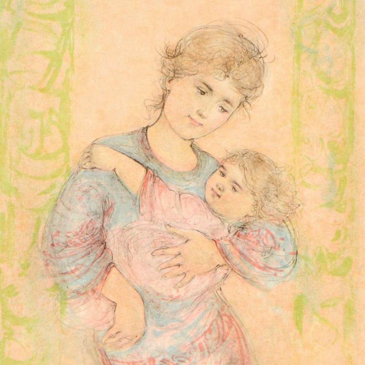 Edna Hibel (1917-2014), "Fair Alice and Baby" Limited Edition Lithograph on Rice Paper, Numbered and Hand Signed with Certificate of Authenticity.