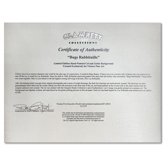 Bugs Rabitaille Hand Painted Limited Edition Sericel, Numbered and Hand Signed by Luc Robitaille with Certificate of Authenticity.