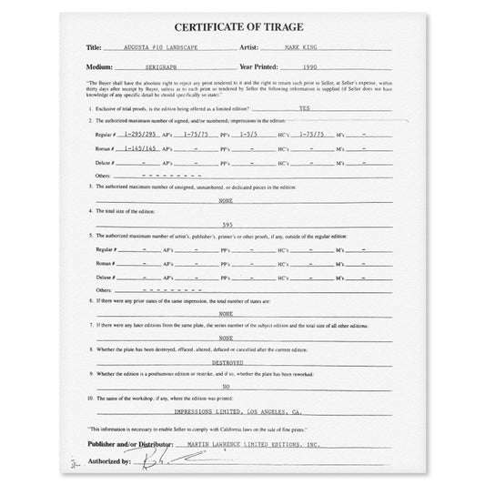 Mark King (1931-2014), "Augusta #10 Landscape" Hand Signed Limited Edition Serigraph with Letter of Authenticity.