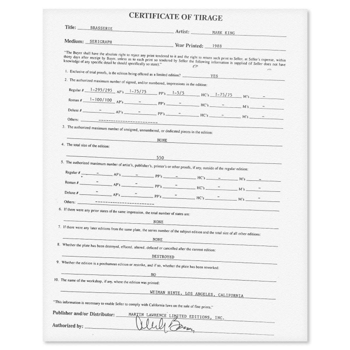 Mark King (1931-2014), "Brasserie" Hand Signed Limited Edition Serigraph with Letter of Authenticity.