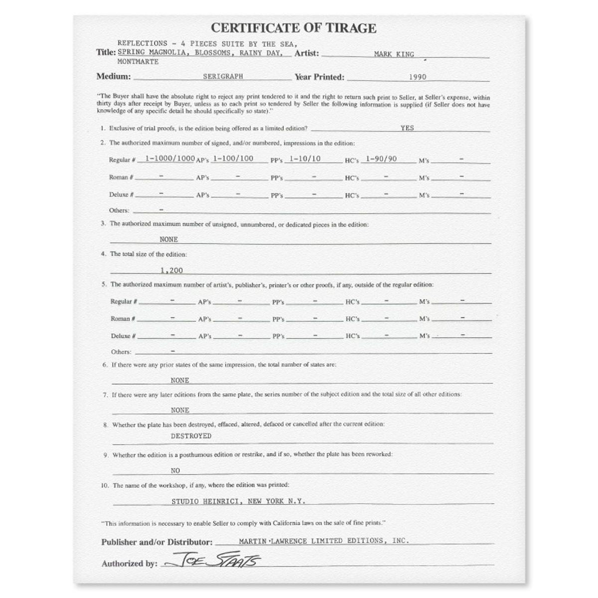 Mark King (1931-2014), "By The Sea" Hand Signed Limited Edition Serigraph with Letter of Authenticity.