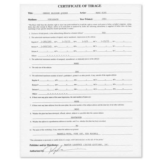 Mark King (1931-2014), "Cherry Blossom Corner" Hand Signed Limited Edition Serigraph with Letter of Authenticity.