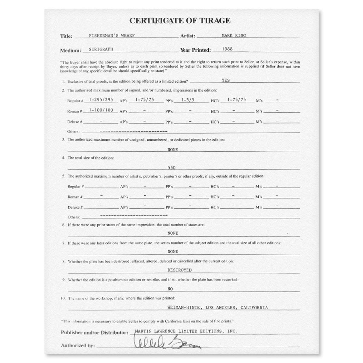 Mark King (1931-2014), "Fisherman's Wharf" Hand Signed Limited Edition Serigraph with Letter of Authenticity.