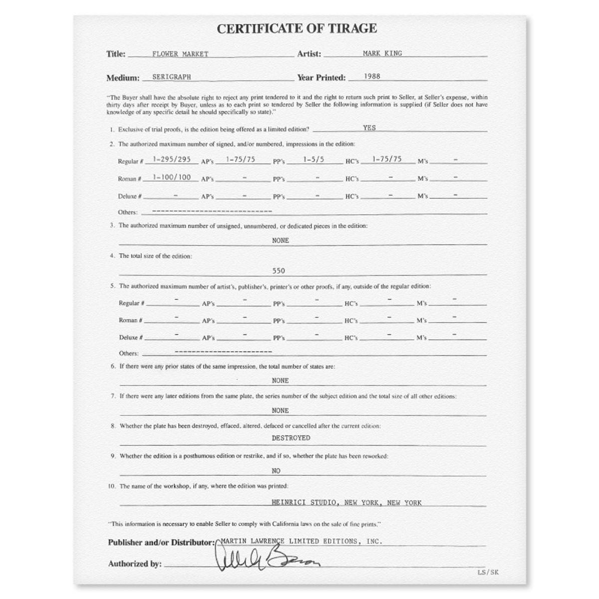 Mark King (1931-2014), "Flower Market" Hand Signed Limited Edition Serigraph with Letter of Authenticity.