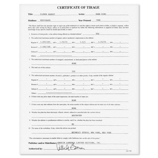 Mark King (1931-2014), "Flower Market" Hand Signed Limited Edition Serigraph with Letter of Authenticity.