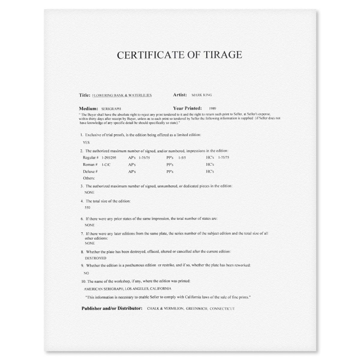 Mark King (1931-2014), "Flowering Bank & Waterlilies" Hand Signed Limited Edition Serigraph with Letter of Authenticity.