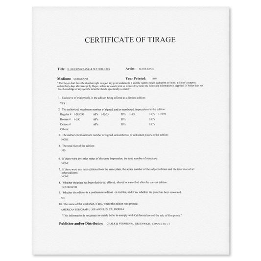 Mark King (1931-2014), "Flowering Bank & Waterlilies" Hand Signed Limited Edition Serigraph with Letter of Authenticity.