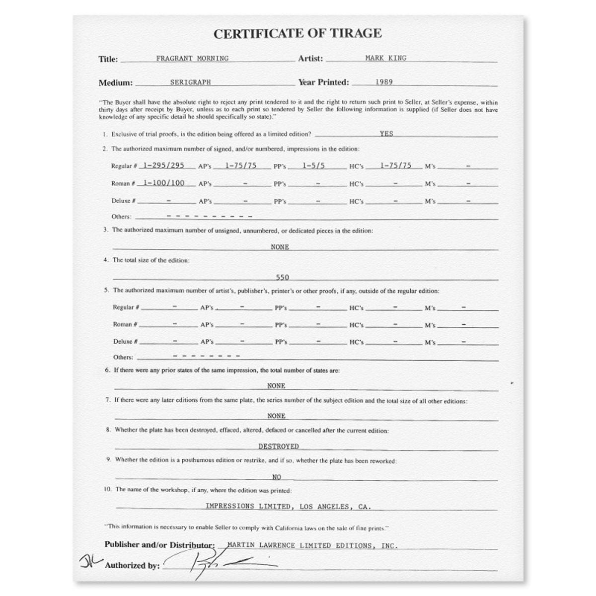 Mark King (1931-2014), "Fragrant Morning" Hand Signed Limited Edition Serigraph with Letter of Authenticity.