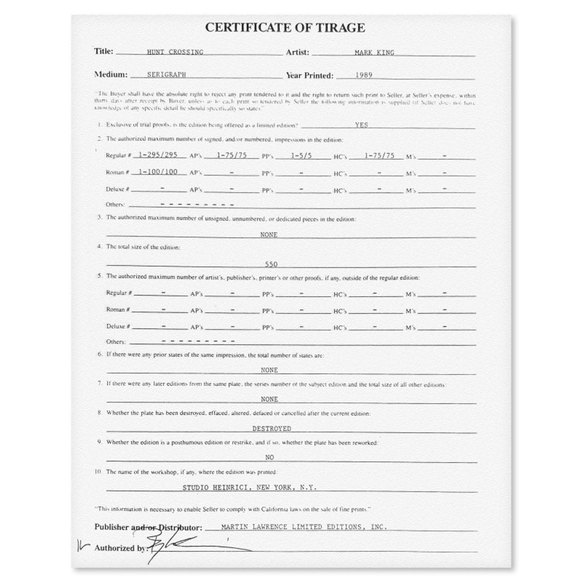 Mark King (1931-2014), "Hunt Crossing" Hand Signed Limited Edition Serigraph with Letter of Authenticity.