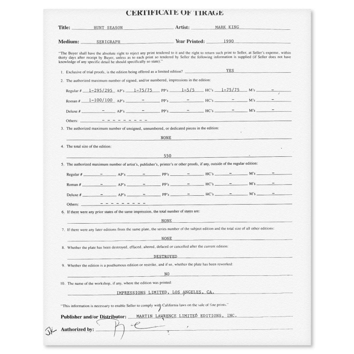 Mark King (1931-2014), "Hunt Season" Hand Signed Limited Edition Serigraph with Letter of Authenticity.