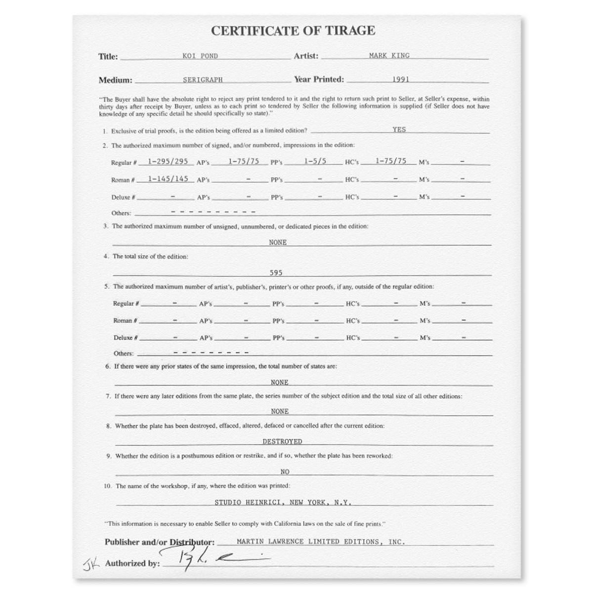 Mark King (1931-2014), "Koi Pond" Hand Signed Limited Edition Serigraph with Letter of Authenticity.