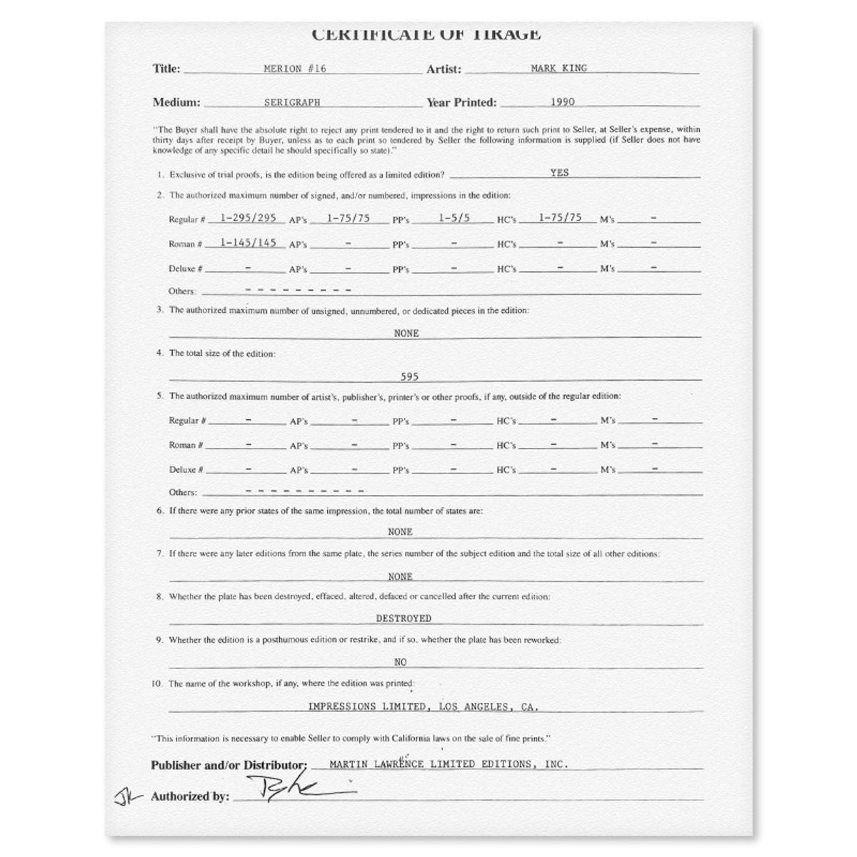 Mark King (1931-2014), "Merion #16" Hand Signed Limited Edition Serigraph with Letter of Authenticity.