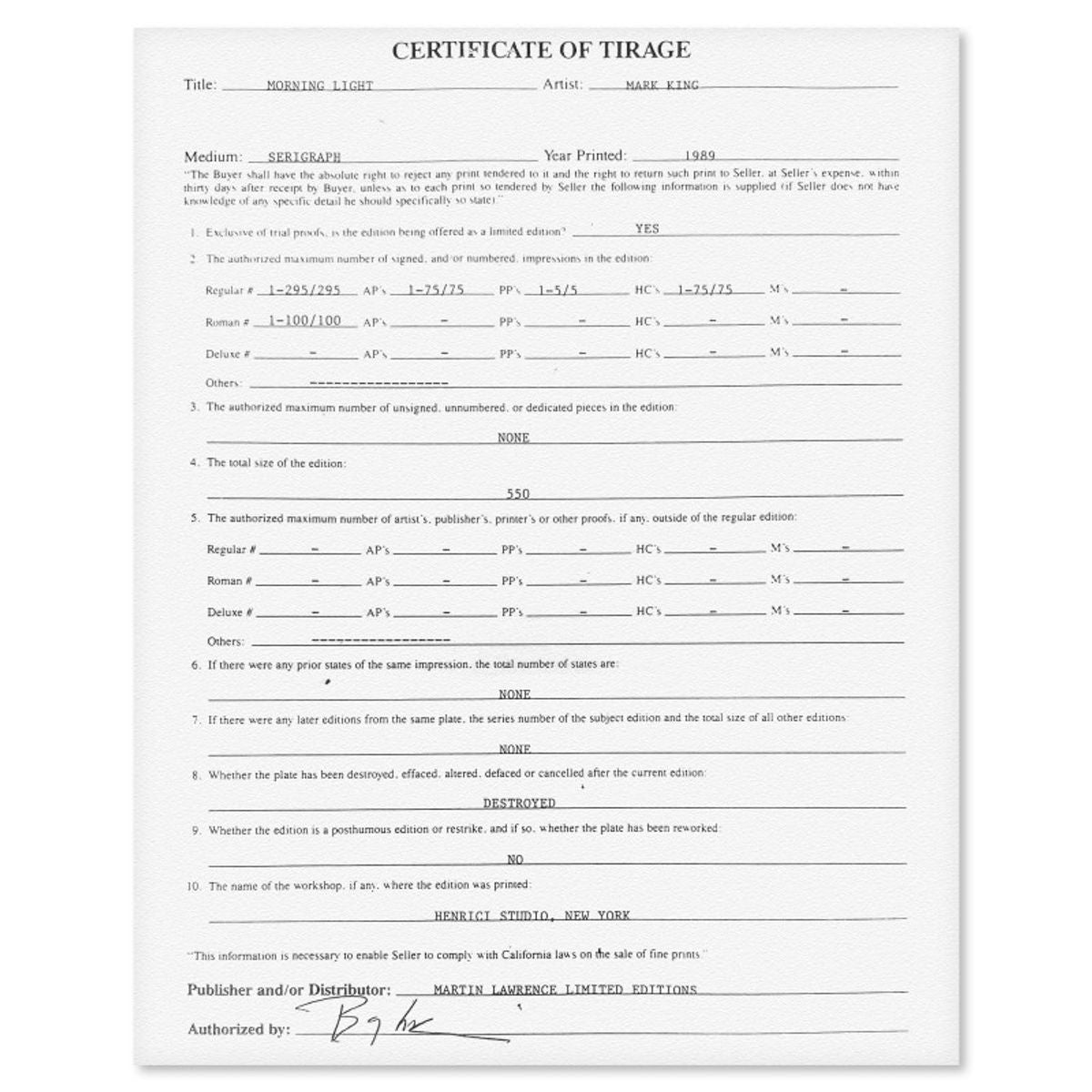 Mark King (1931-2014), "Morning Light" Hand Signed Limited Edition Serigraph with Letter of Authenticity.