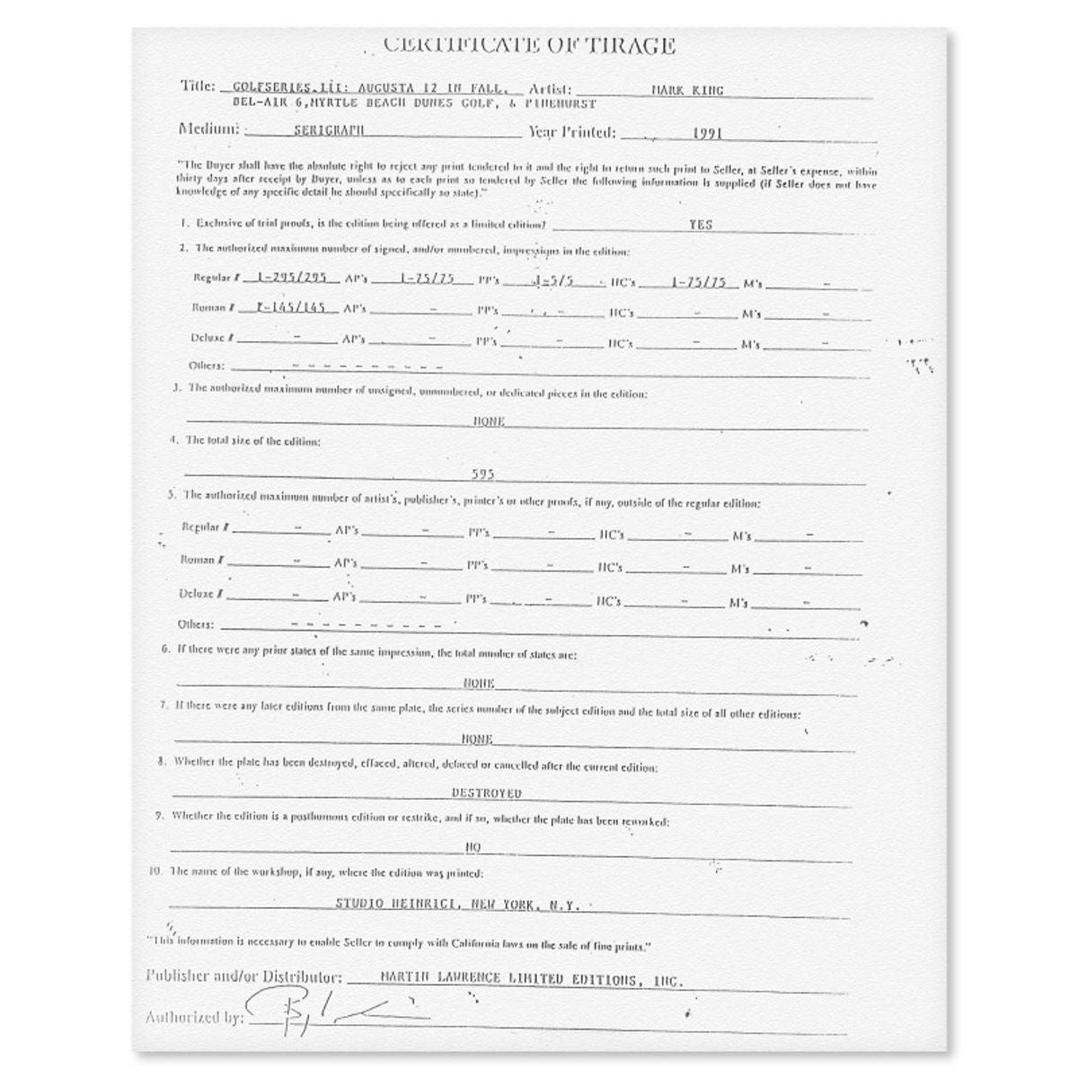 Mark King (1931-2014), "Myrtle Beach Dunes Golf" Hand Signed Limited Edition Serigraph with Letter of Authenticity.