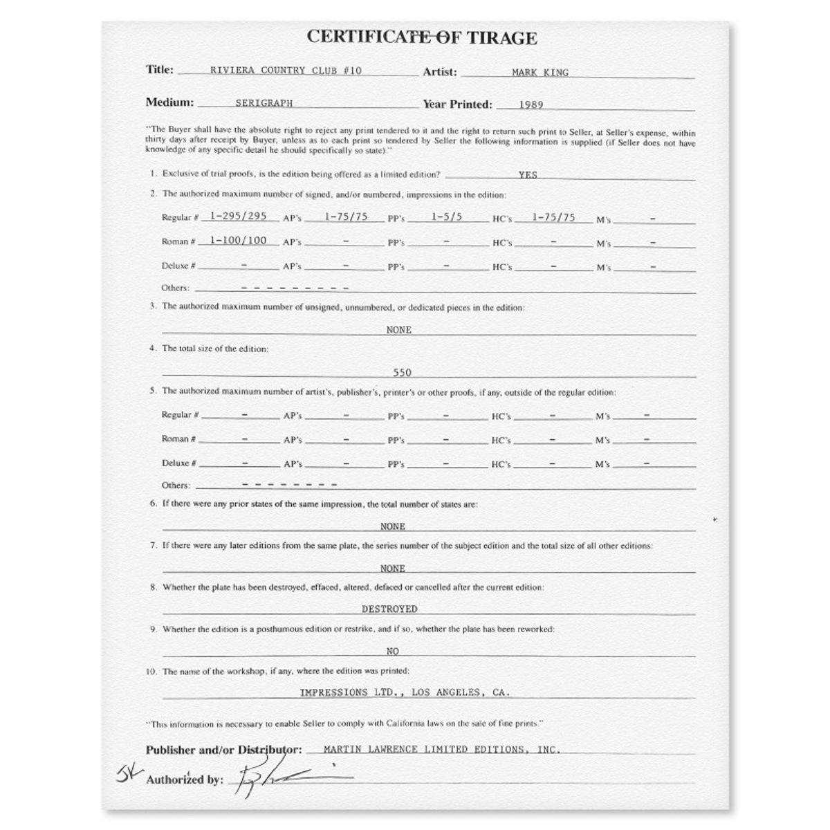 Mark King (1931-2014), "Riviera Country Club #10" Hand Signed Limited Edition Serigraph with Letter of Authenticity.