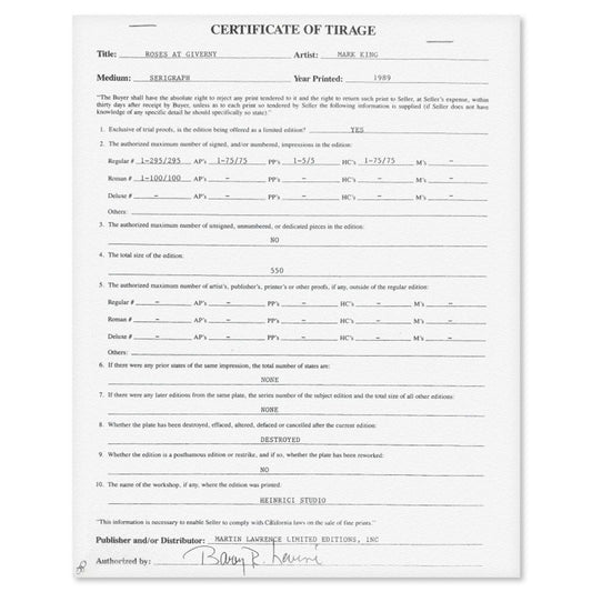 Mark King (1931-2014), "Roses At Giverny" Hand Signed Limited Edition Serigraph with Letter of Authenticity.