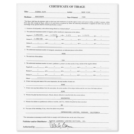 Mark King (1931-2014), "Sierra Glow" Hand Signed Limited Edition Serigraph with Letter of Authenticity.