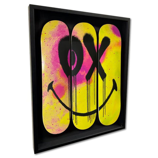 Andre Saraiva, "Mr. A Smiley" Framed Limited Edition Skateboard Triptych, Numbered and Plate Signed with Letter of Authenticity.