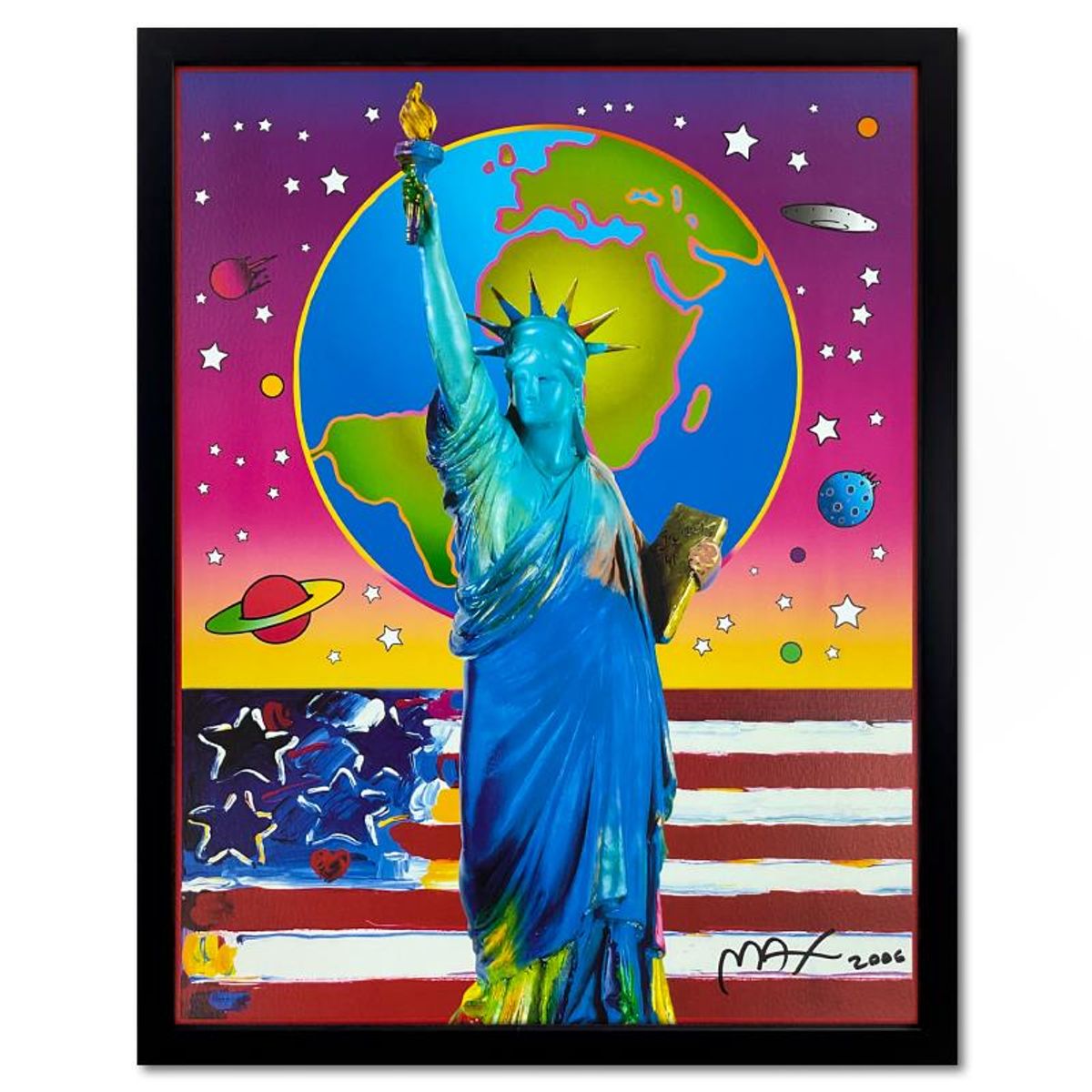 Peter Max, "Liberty with Earth & Flag" Framed Hand Signed Offset Lithograph with Letter of Authenticity.