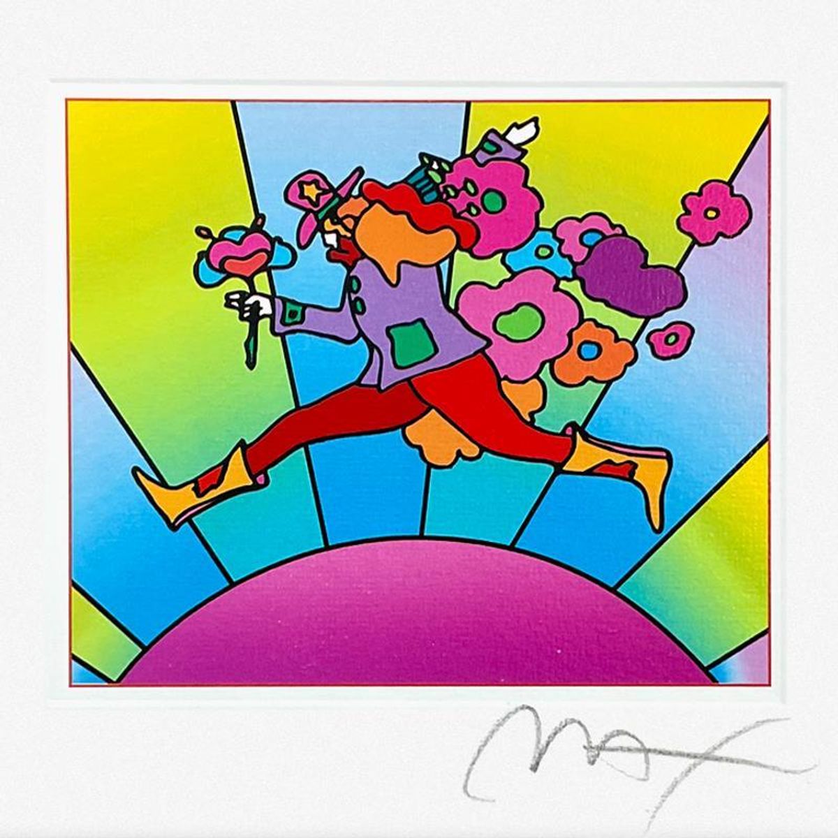 Peter Max, "Flower Jumper Over Sunrise on Blends I" Framed Limited Edition Lithograph, Numbered and Hand Signed with Certificate of Authenticity.