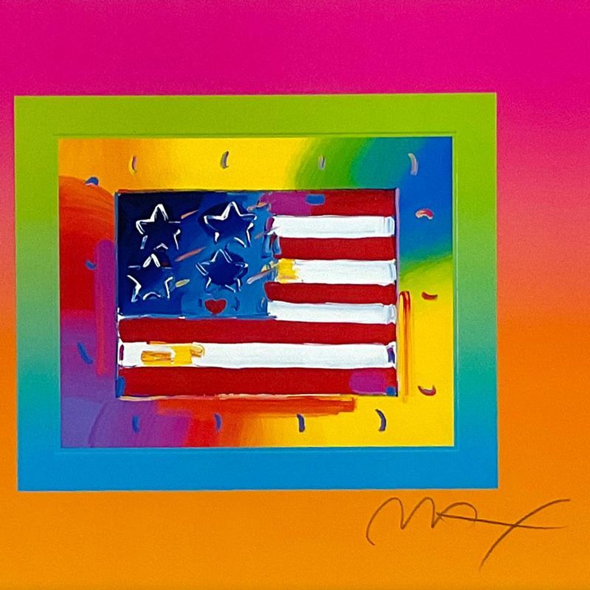 Peter Max, "Flag with Heart on Blends" Framed Limited Edition Lithograph, Numbered and Hand Signed with Certificate of Authenticity.