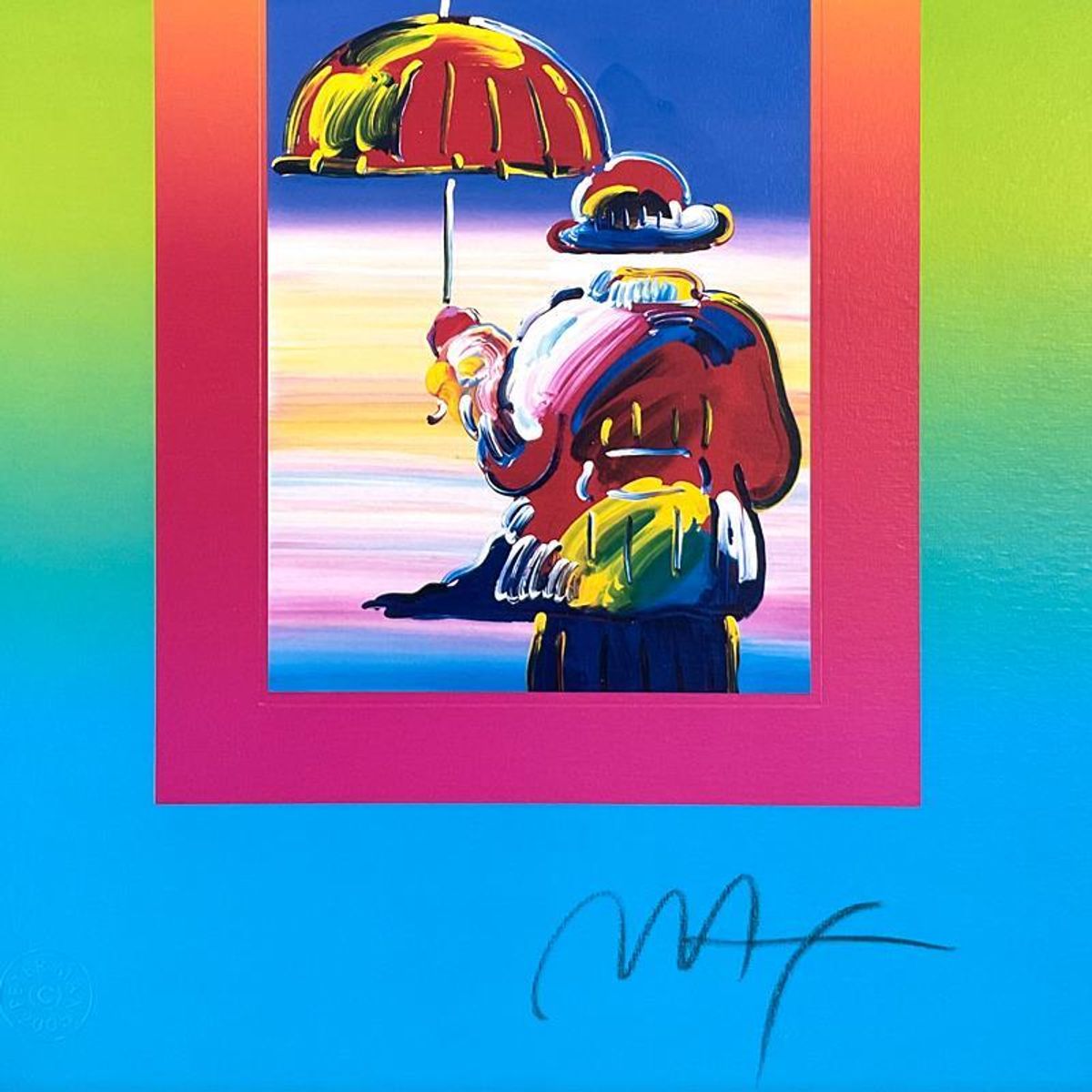 Peter Max, "Umbrella Man on Blends" Framed Limited Edition Lithograph, Numbered and Hand Signed with Certificate of Authenticity