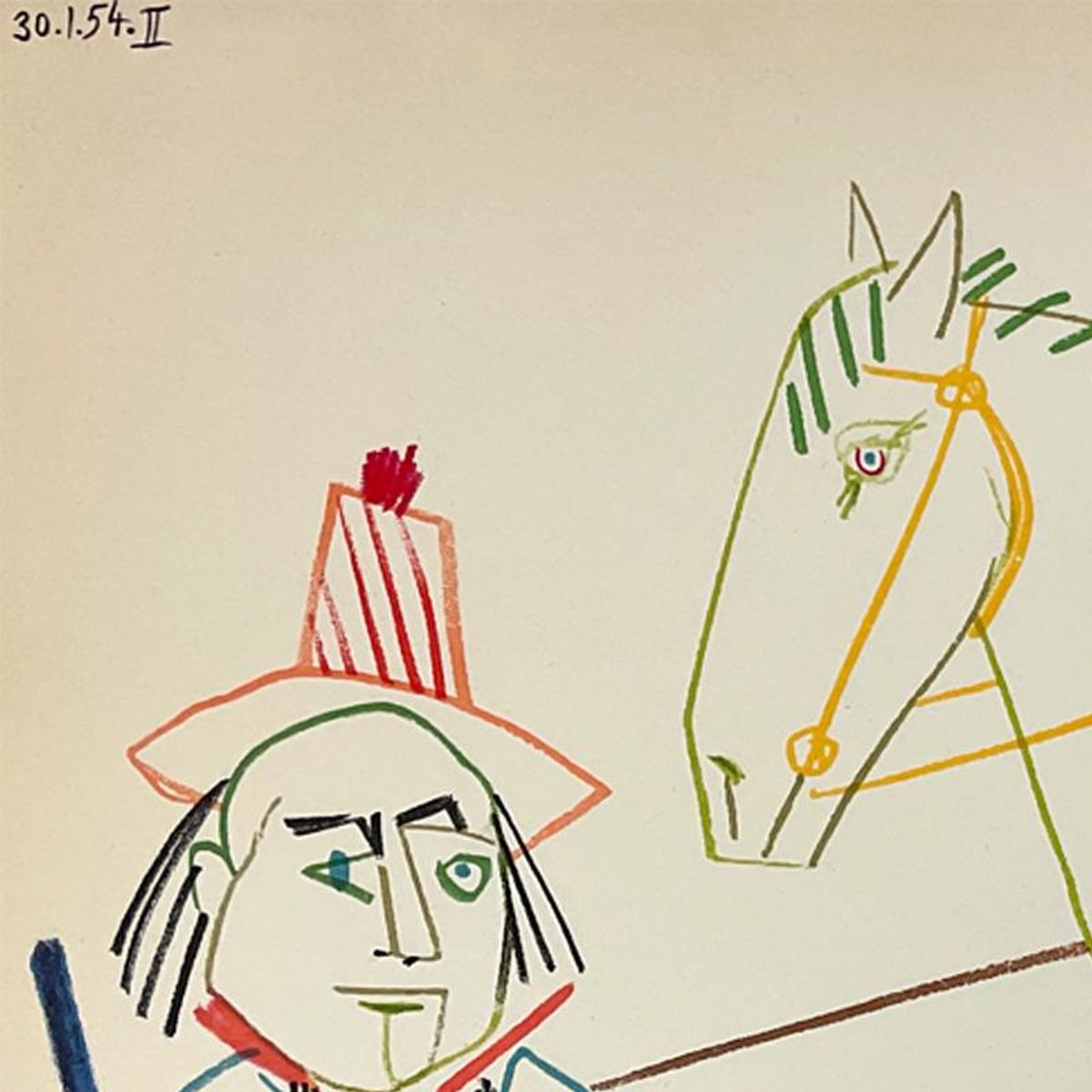 Pablo Picasso (1881-1973), "La Comedie Humaine 30.1.54-II" Framed Vintage Lithograph on Paper with Letter of Authenticity.