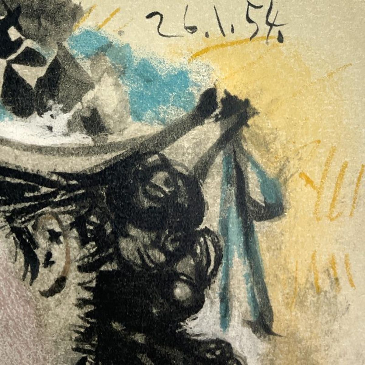 Pablo Picasso (1881-1973), "La Comedie Humaine 26.1.54" Framed Vintage Lithograph on Paper with Letter of Authenticity.