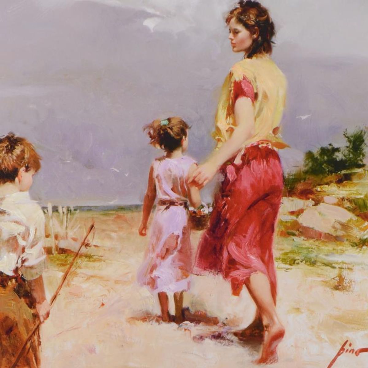 Pino (1939-2010), "Going Fishing" Framed Limited Edition Hand Embellished Giclee on Canvas. Numbered and Hand Signed with Certificate of Authenticity.